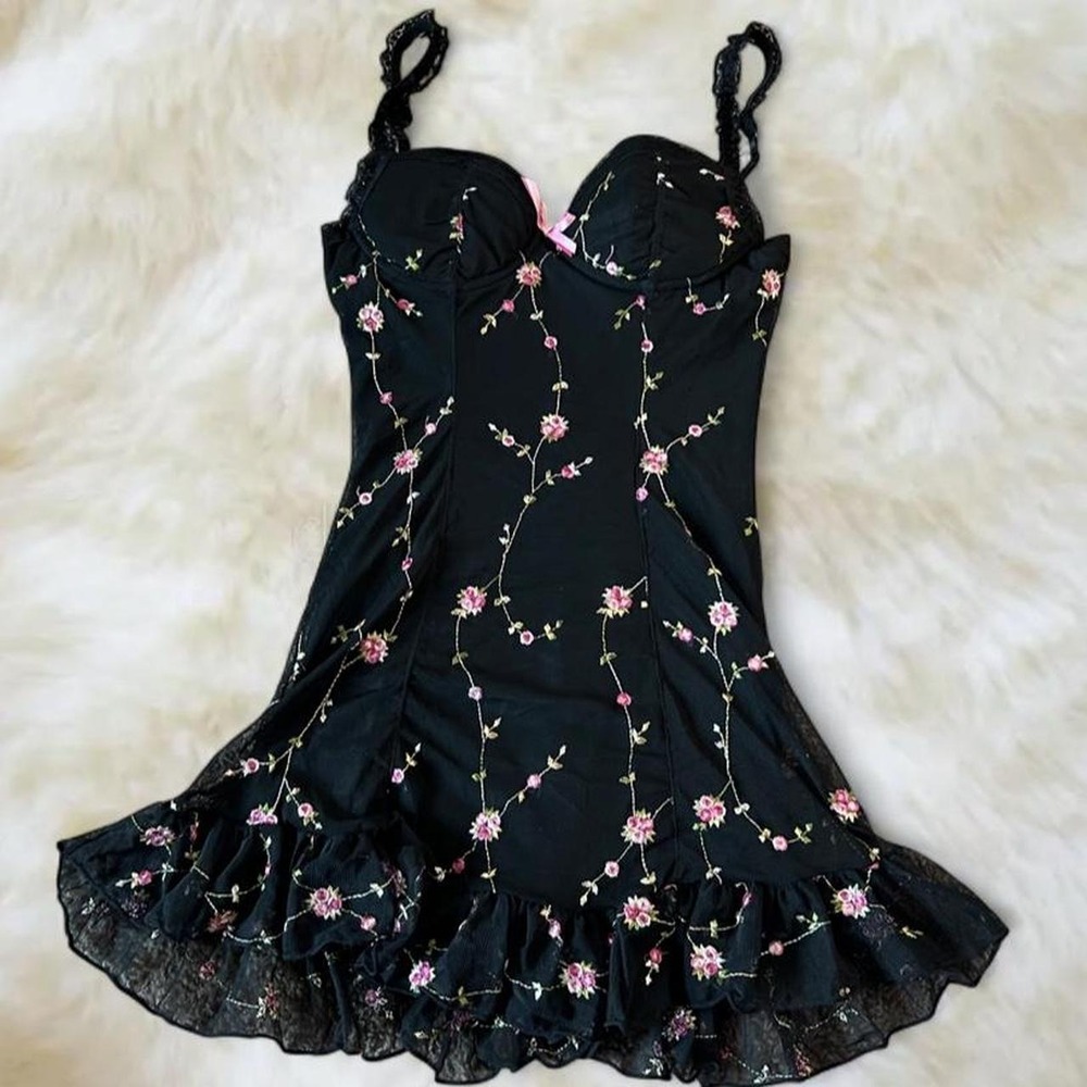 Sugar Thrillz Y2K Slip Floral Embroidered Mesh Ruffle Dress Black Pink Large
